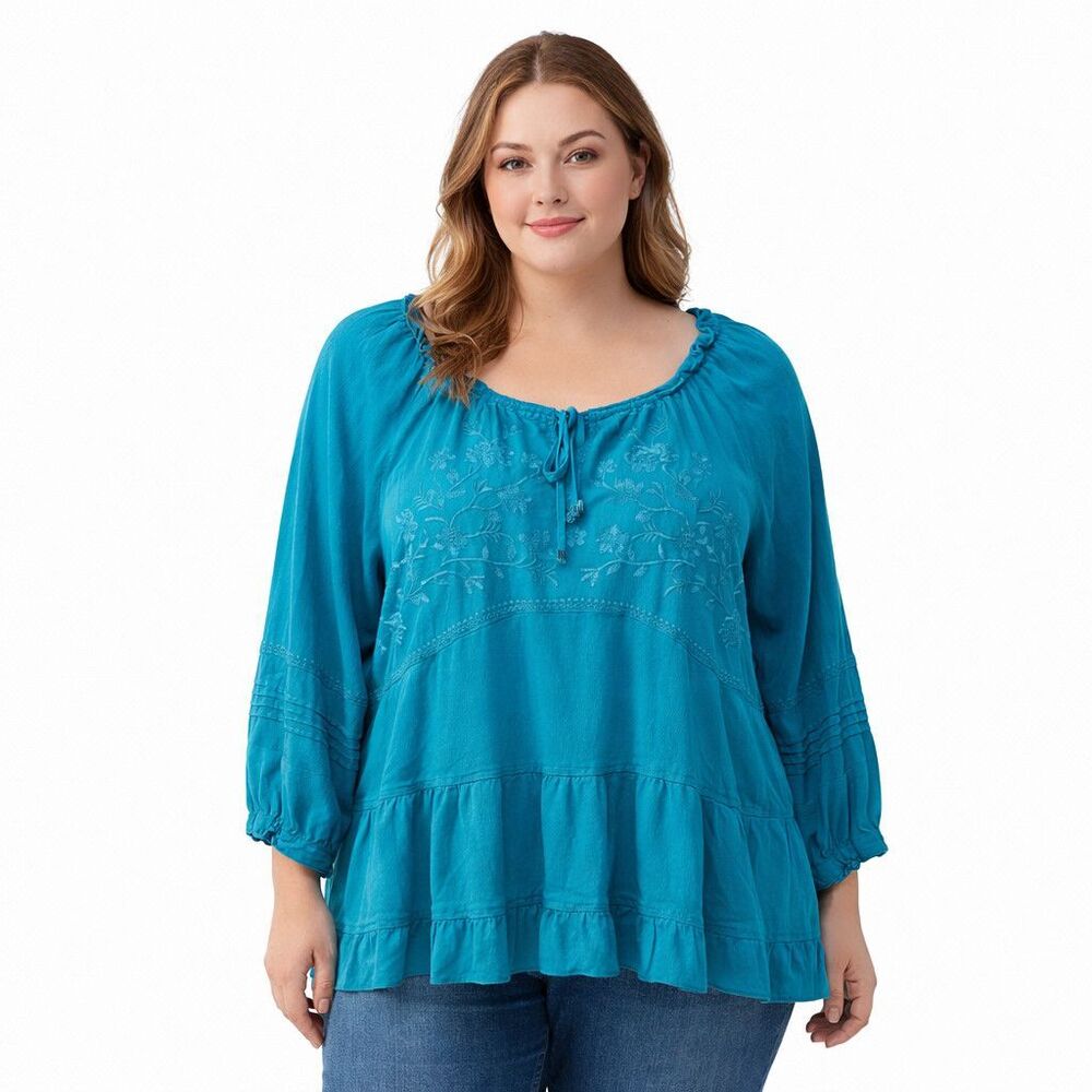John Mark Blouse Womens Large Blue Scoop Neck 3/4 Sleeve Embroidered Tunic Top
